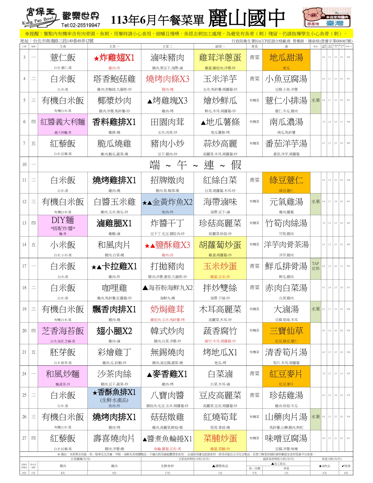 113年6月午餐菜單