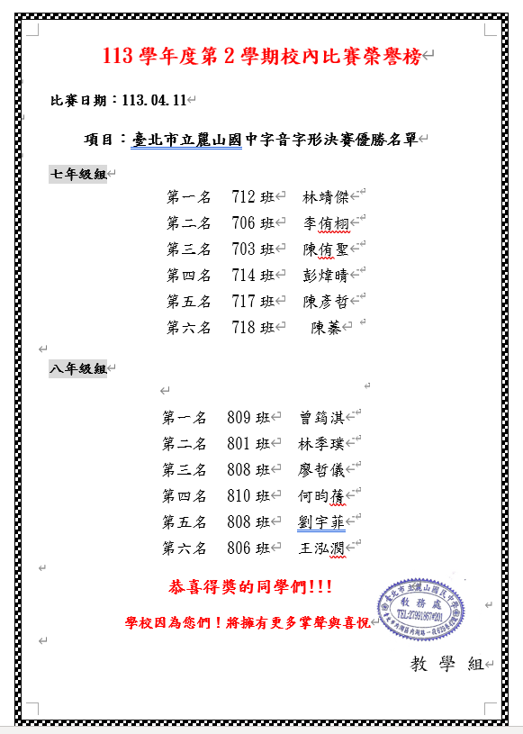 113學年度校內字音字形決賽優勝名單