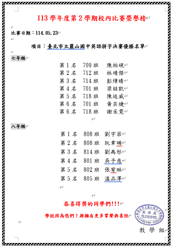 113學年度校內英語拼字決賽優勝名單